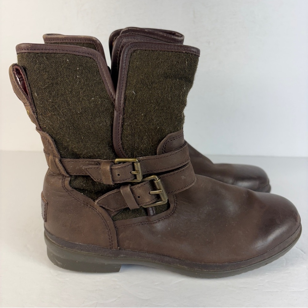 UGG Simmens Women Waterproof Brown Leather Boots - Olive Green Wool Biker Moto 8 - Picture 5 of 9